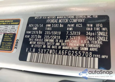 2015 Hyundai Santa Fe Sport from USA, damaged, VIN 5XYZWDLA6FG255708